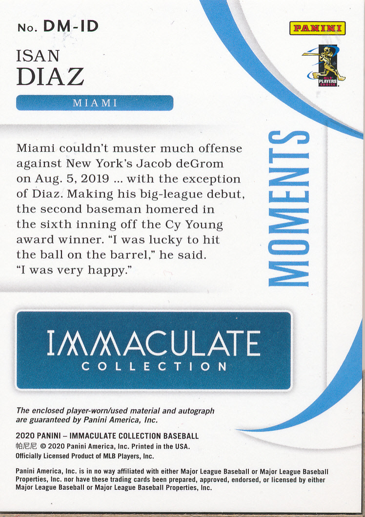 2020 Immaculate Collection Debut Moments Memorabilia Leather Autographs Dark Brown #12 Isan Diaz back image