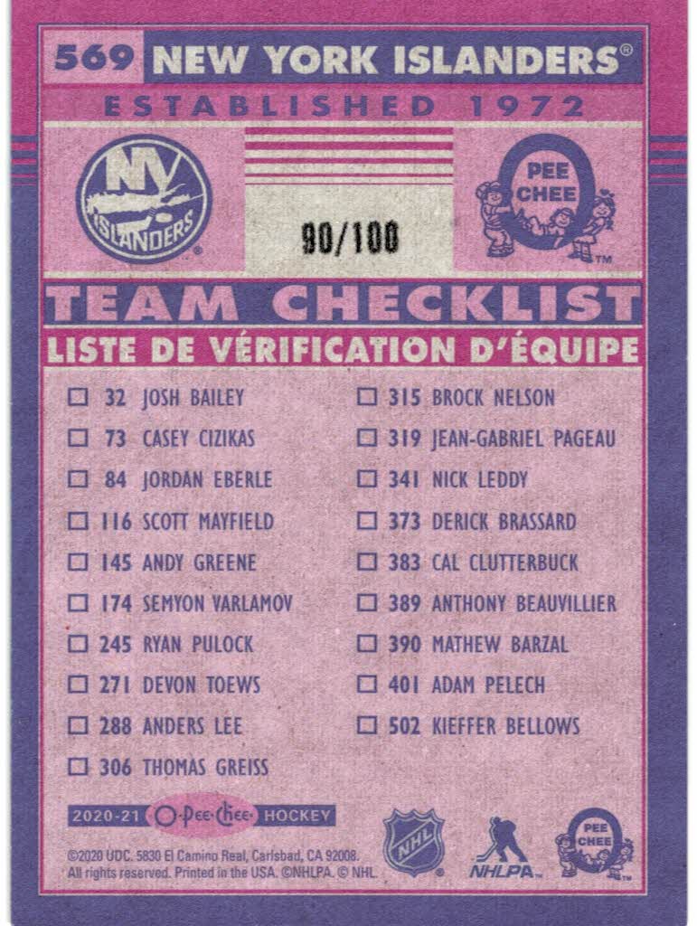 2020-21 O-Pee-Chee Retro Black #569 New York Islanders CL back image