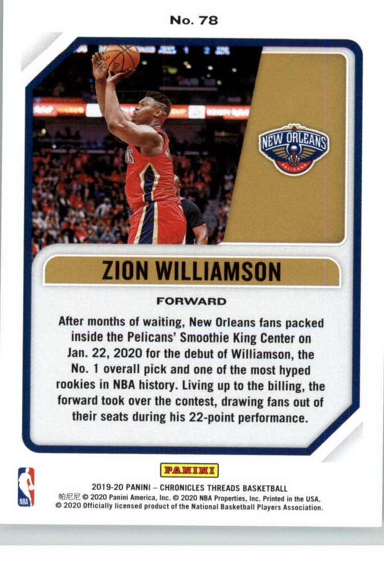2019-20 Panini Chronicles Teal #78 Zion Williamson/Threads back image