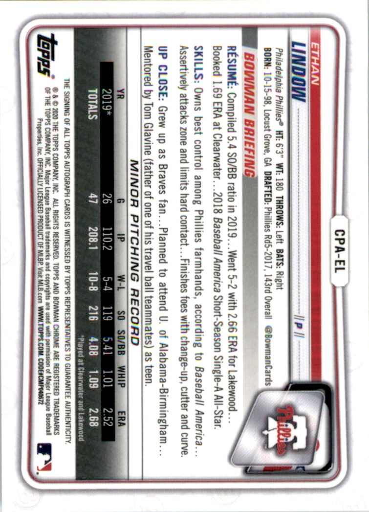 2020 Bowman Chrome Prospect Autographs #CPAEL Ethan Lindow