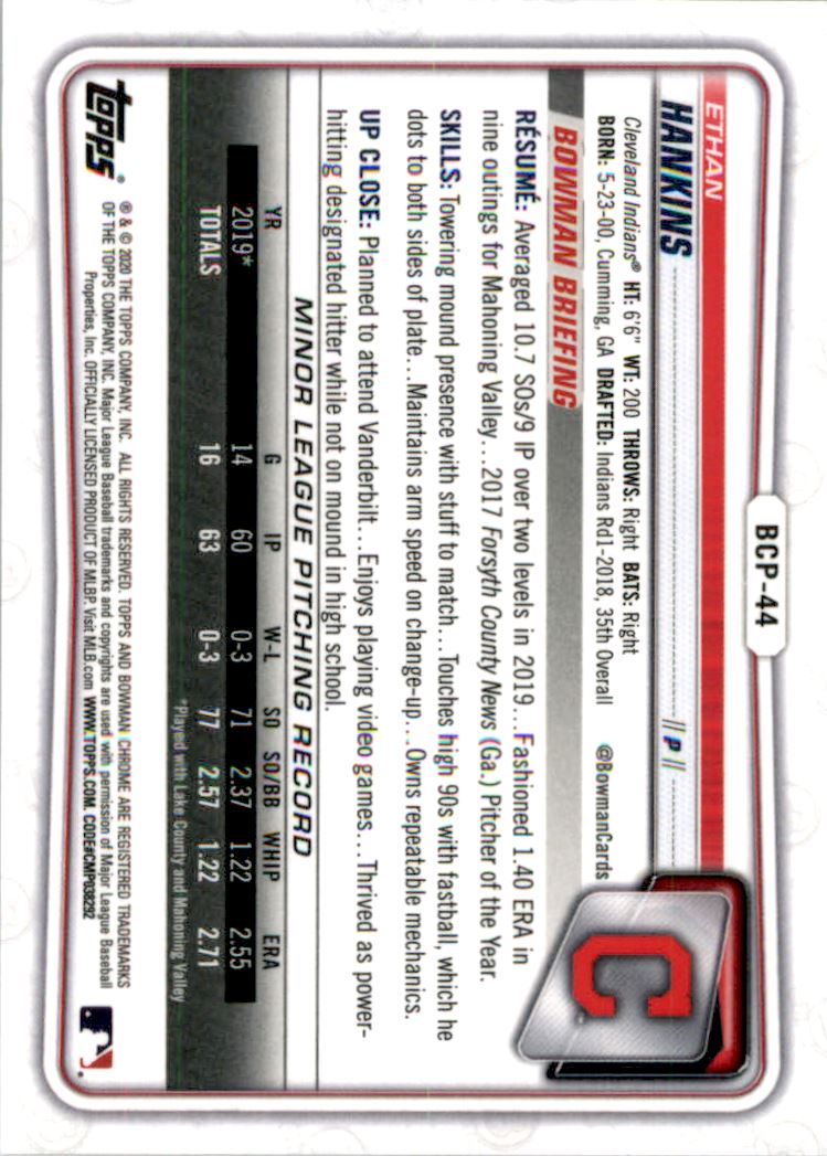 2020 Bowman Chrome Prospects Gold Refractors #BCP44 Ethan Hankins