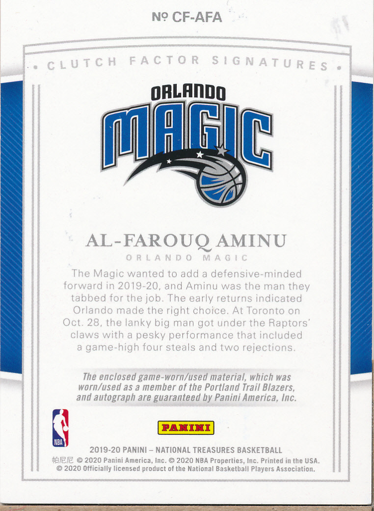 2019-20 Panini National Treasures Clutch Factor Jersey Signatures #35 Al-Farouq Aminu/99