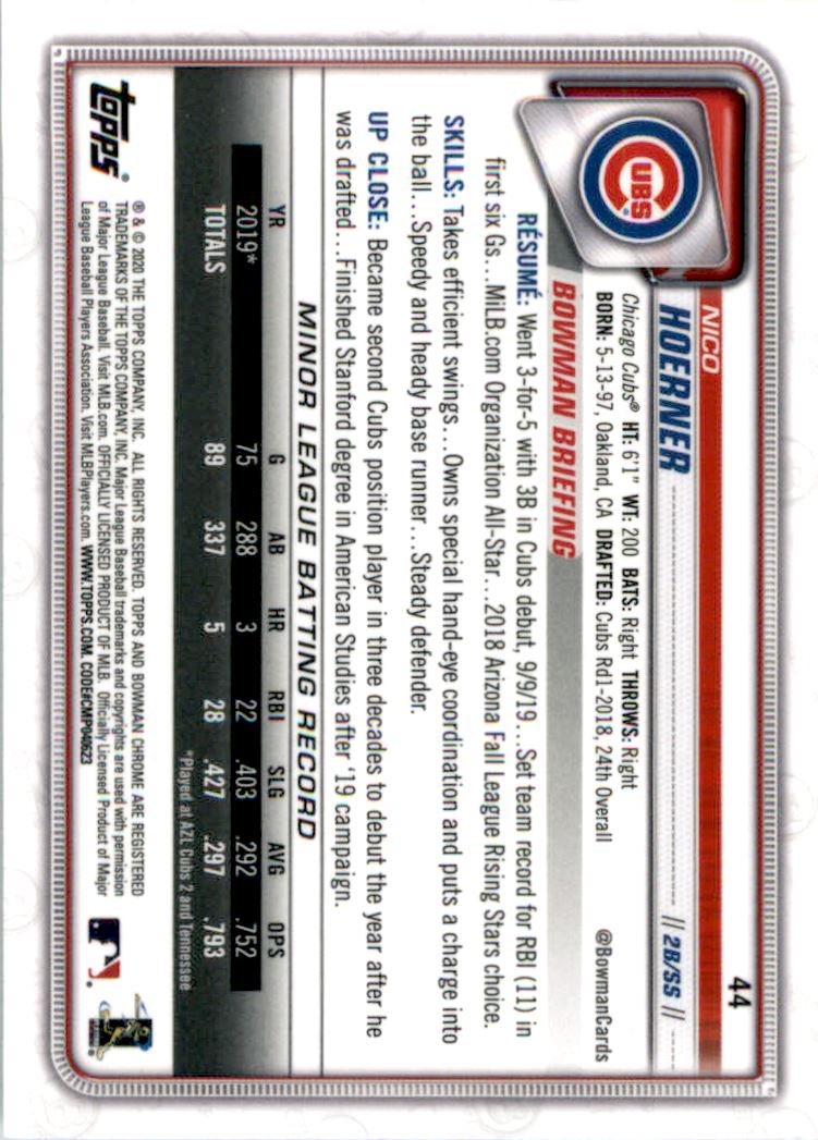 2020 Bowman Chrome #44 Nico Hoerner RC