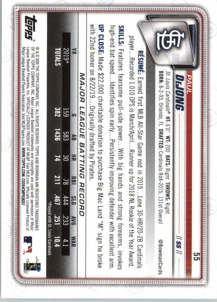 2020 Bowman #55 Paul DeJong back image