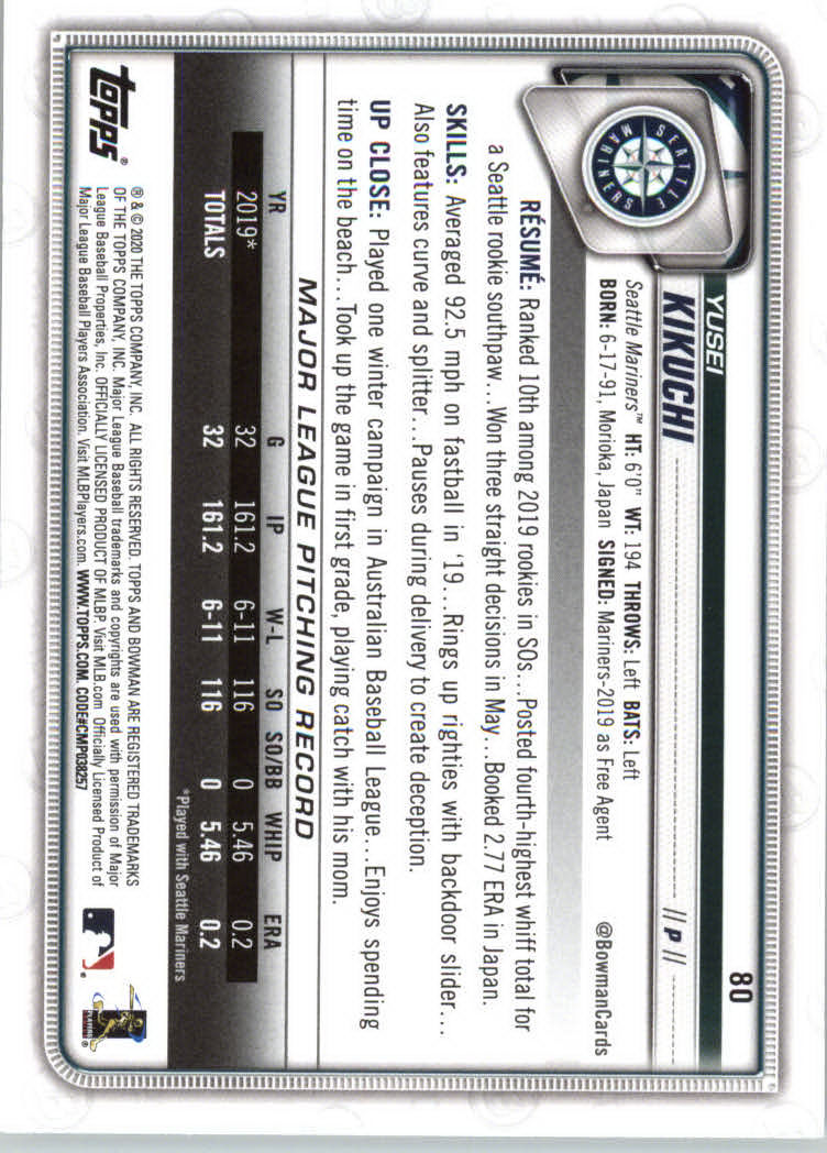 2020 Bowman #80 Yusei Kikuchi back image