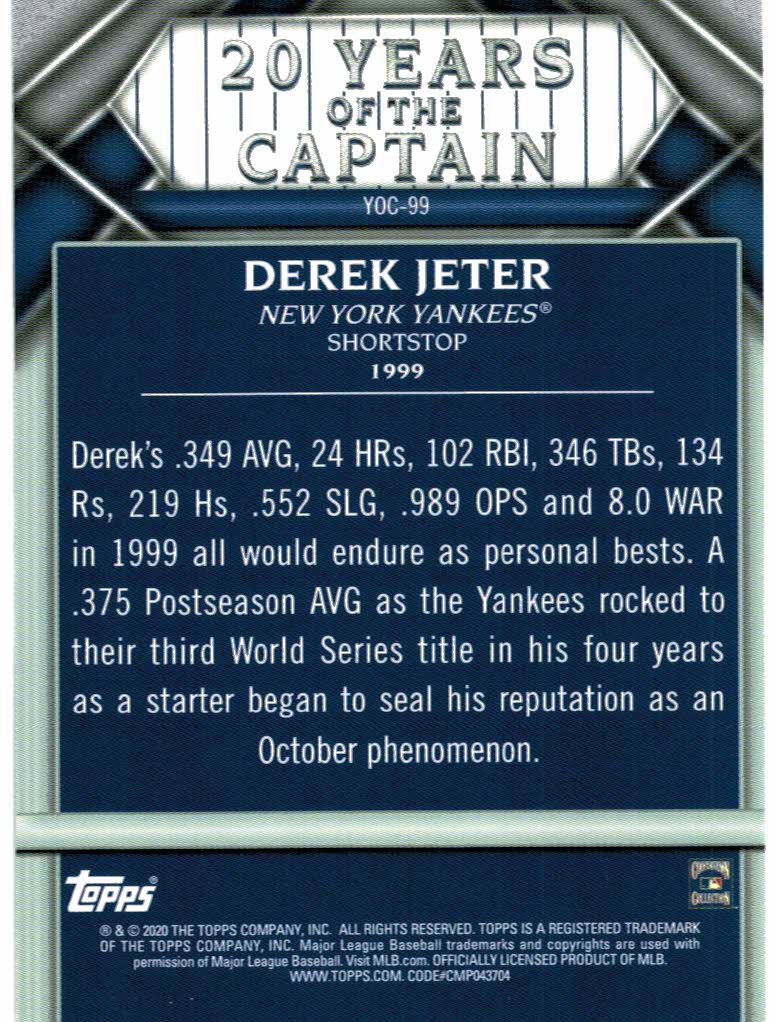 Derek Jeter HOF 2020 Topps 20 Years Of The Captain Patch Gold #/25 NY  Yankees