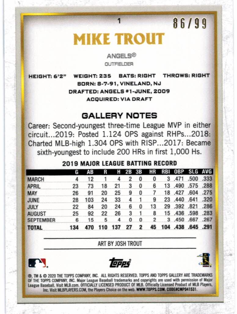 2020 Topps Gallery Green #1 Mike Trout back image