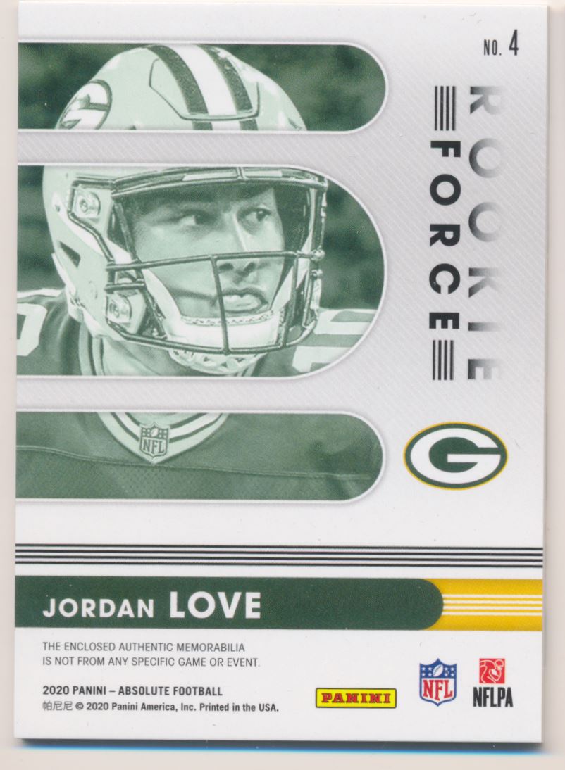 2020 Absolute Rookie Force Jerseys #4 Jordan Love - NM-MT