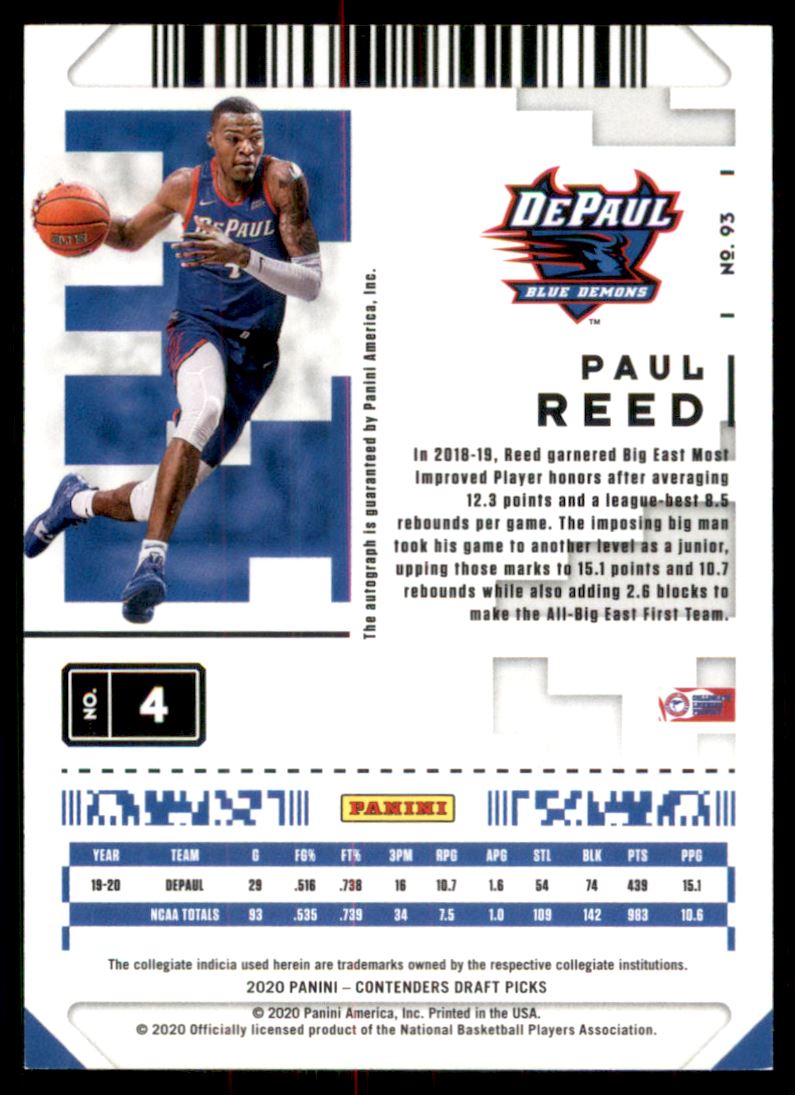2020-21 Panini Contenders Draft Picks #93 Paul Reed AU back image