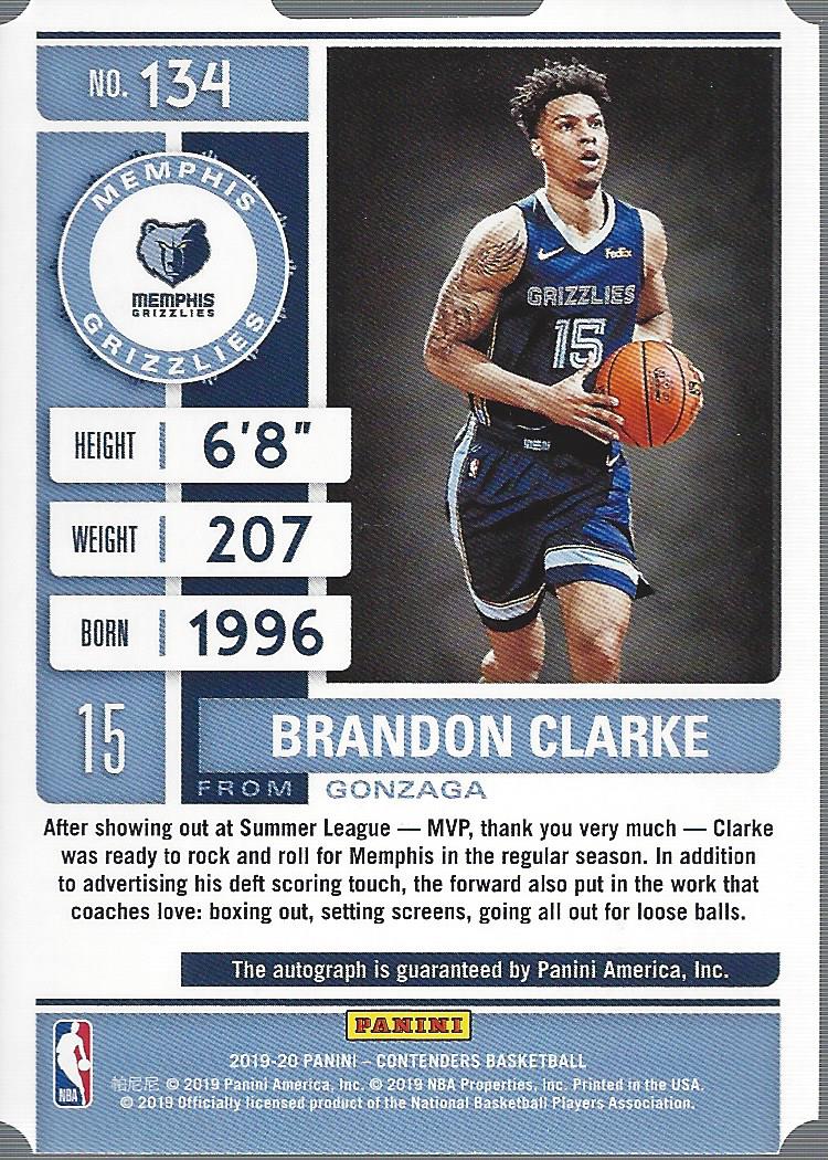2019-20 Panini Contenders Rookie Ticket Stub Autographs Variations #134 Brandon Clarke/15 back image