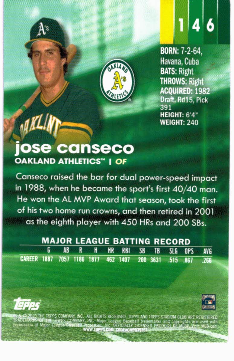 2020 Stadium Club Sepia #146 Jose Canseco - NM-MT