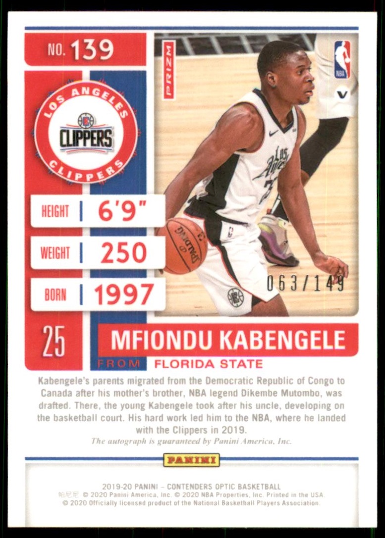 2019-20 Panini Contenders Optic Rookie Ticket Variation Autographs Red #139 Mfiondu Kabengele back image