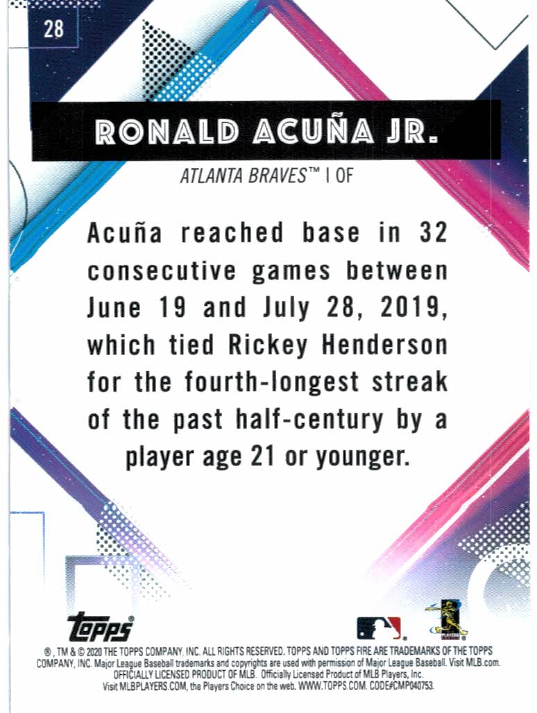  2020 Topps Fire Baseball #28 Ronald Acuna Jr. Atlanta