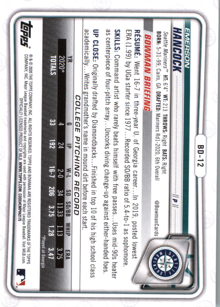 2020 Bowman Draft #BD12 Emerson Hancock back image