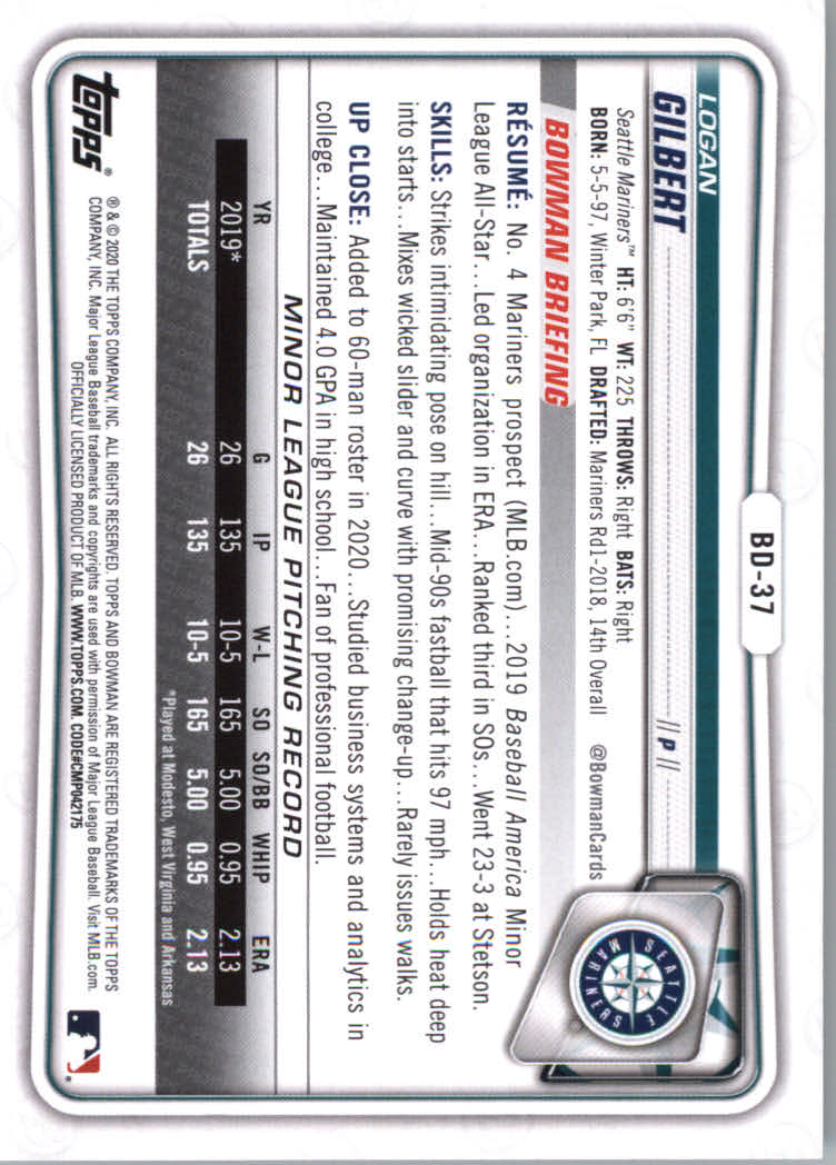 2020 Bowman Draft #BD37 Logan Gilbert back image