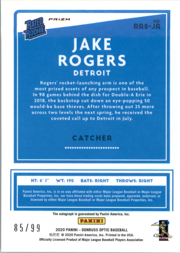 2020 Donruss Optic Rated Rookies Signatures Green Mojo #5 Jake Rogers/99 back image