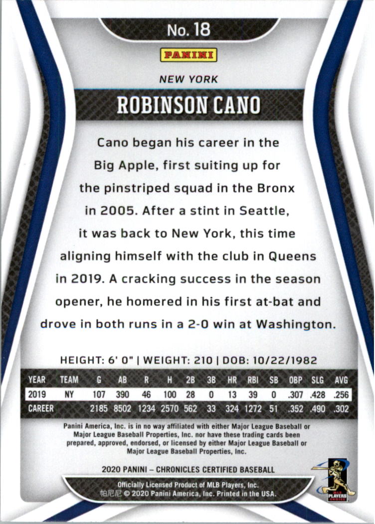 2020 Certified Green #18 Robinson Cano back image