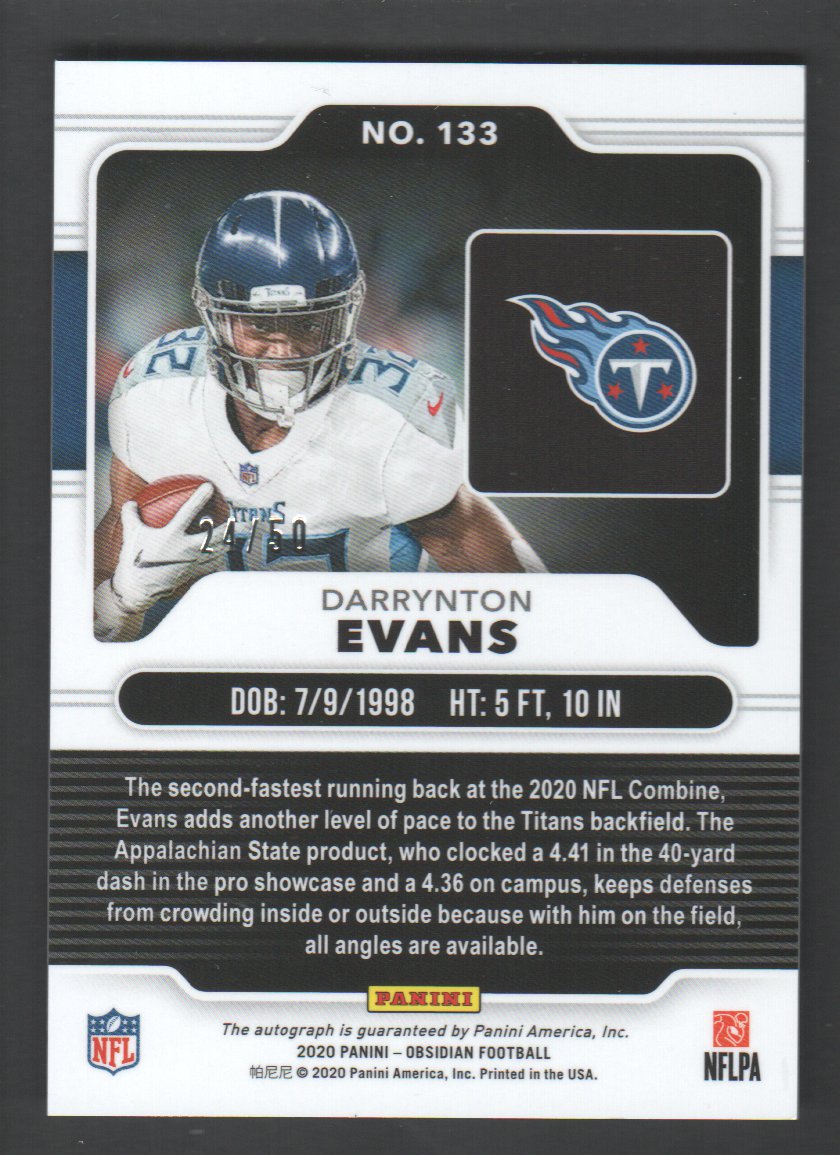 2020 Panini Obsidian Rookie Autographs Electric Etch Green #133 Darrynton Evans/50 back image