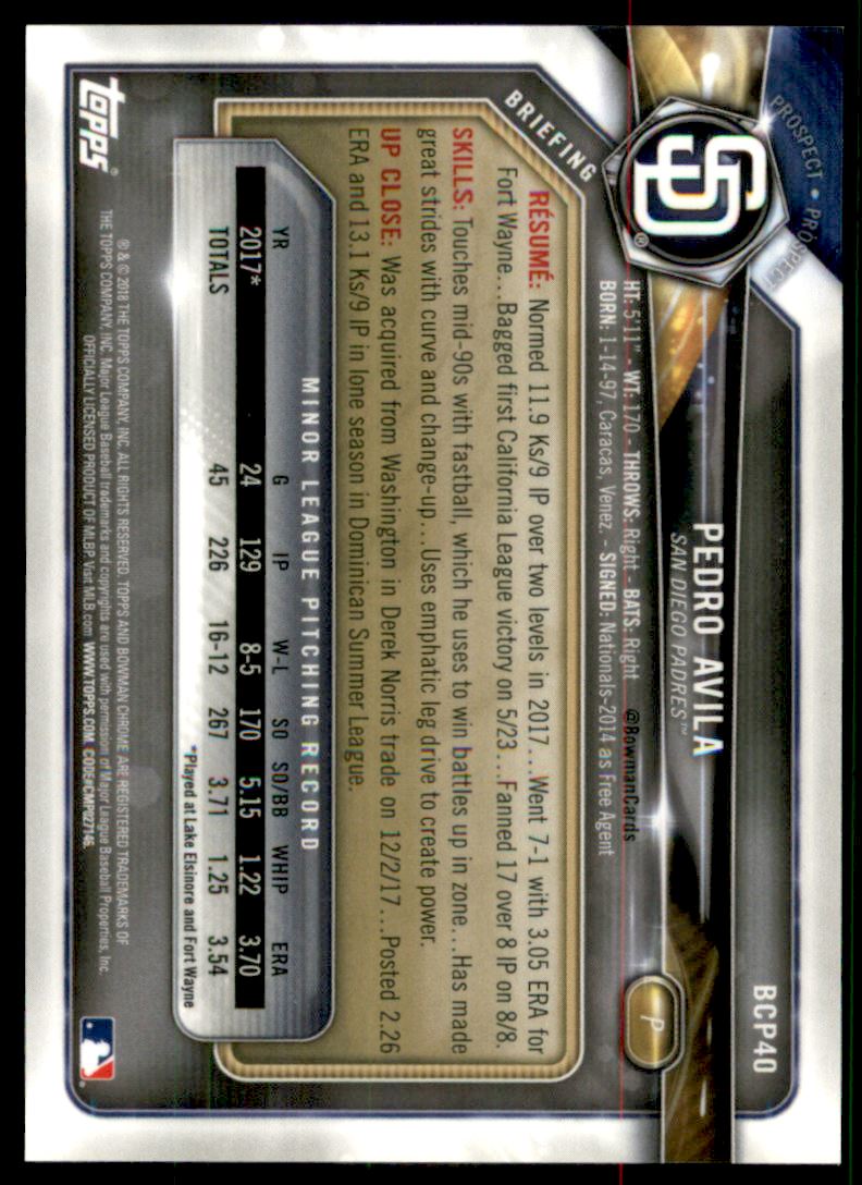 2018 Bowman Chrome Prospects Canary Yellow Shimmer Refractors #BCP40 Pedro Avila