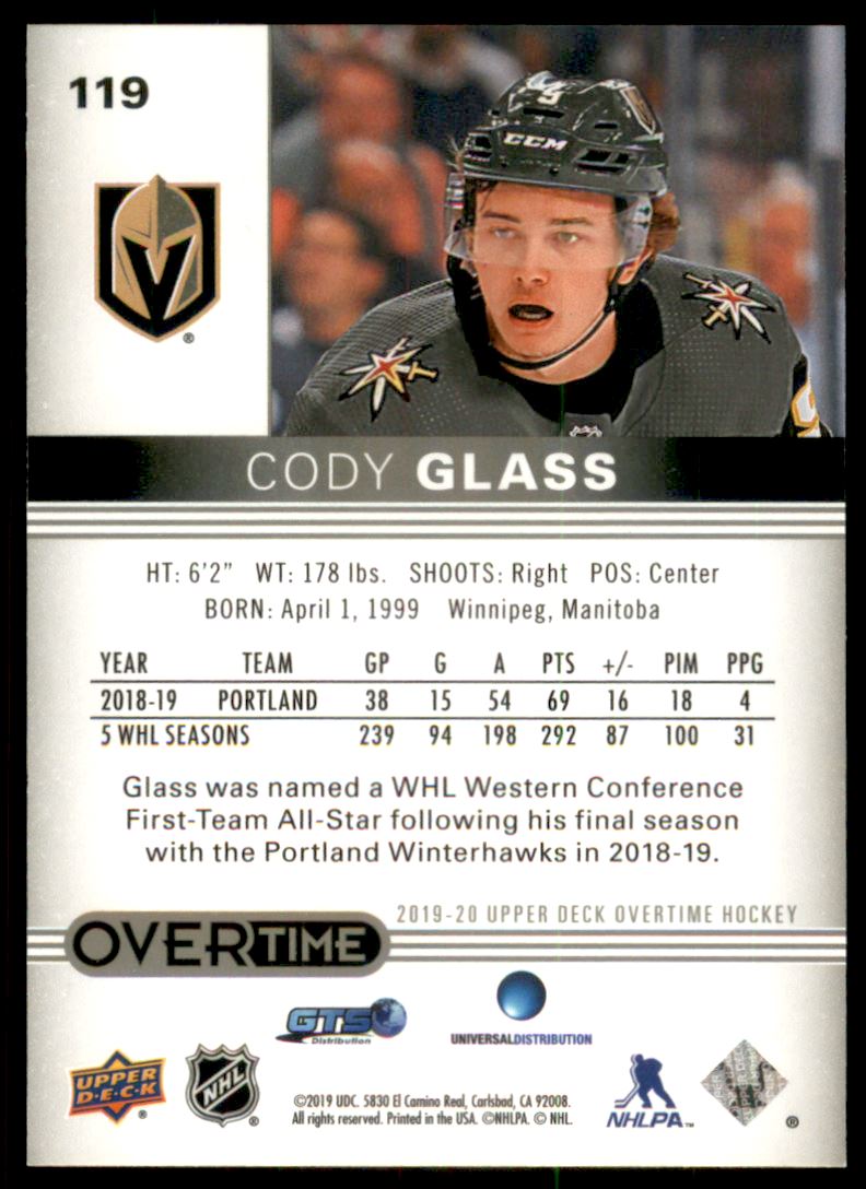 2019-20 Upper Deck Overtime #119 Cody Glass RC back image