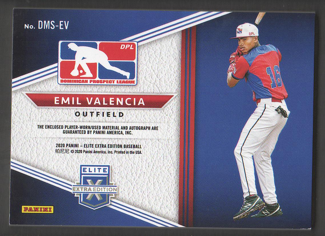 2020 Elite Extra Edition Dominican Prospect League Material Signatures Gold #10 Emil Valencia back image