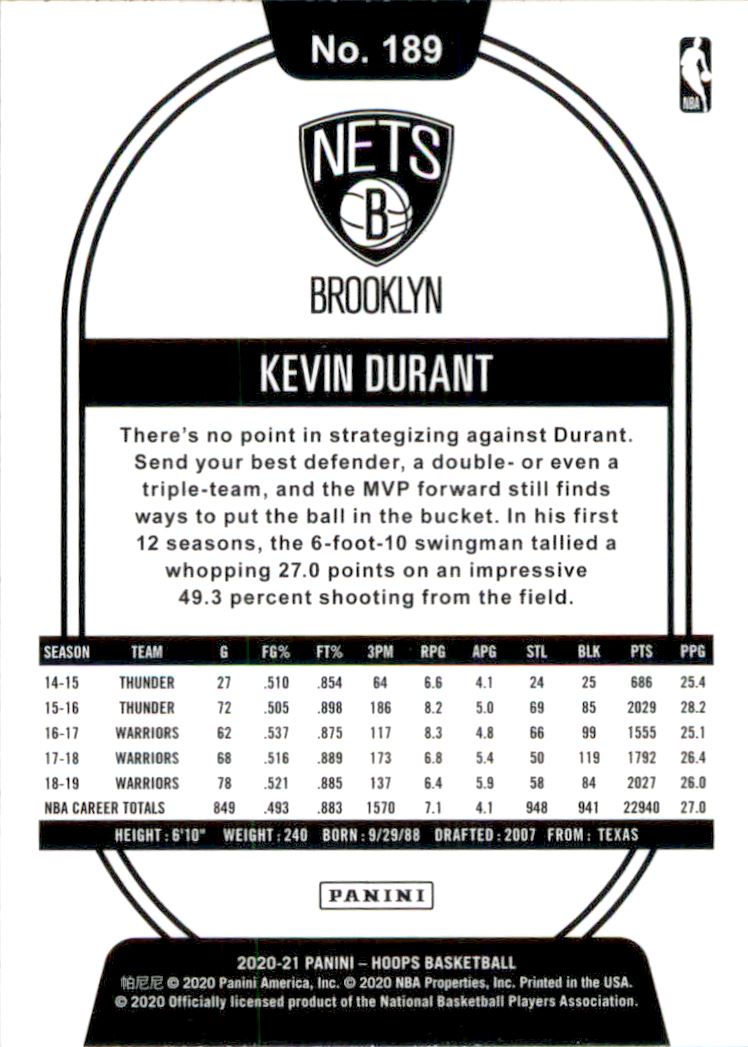 2020-21 Hoops #189 Kevin Durant back image