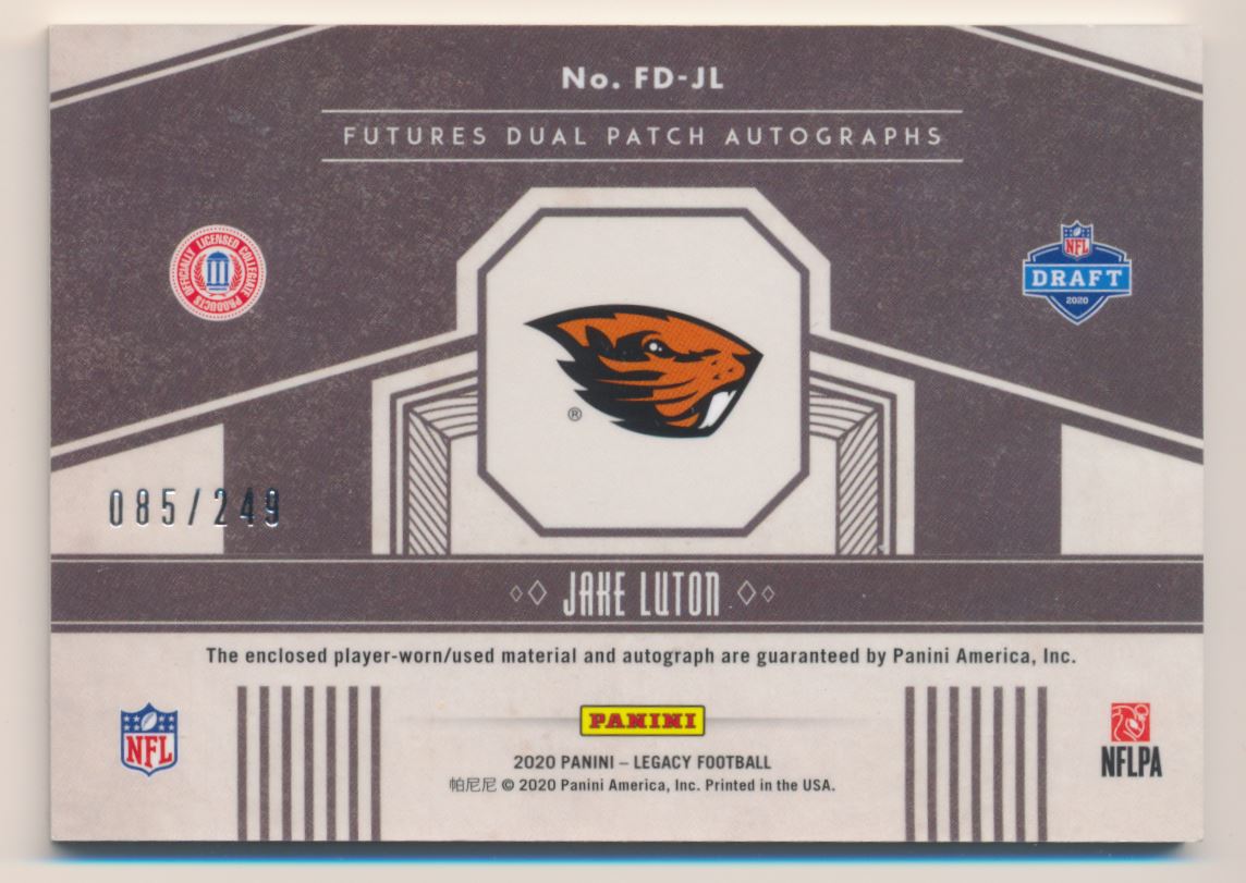 2020 Panini Legacy Futures Dual Patch Autographs #27 Jake Luton/249