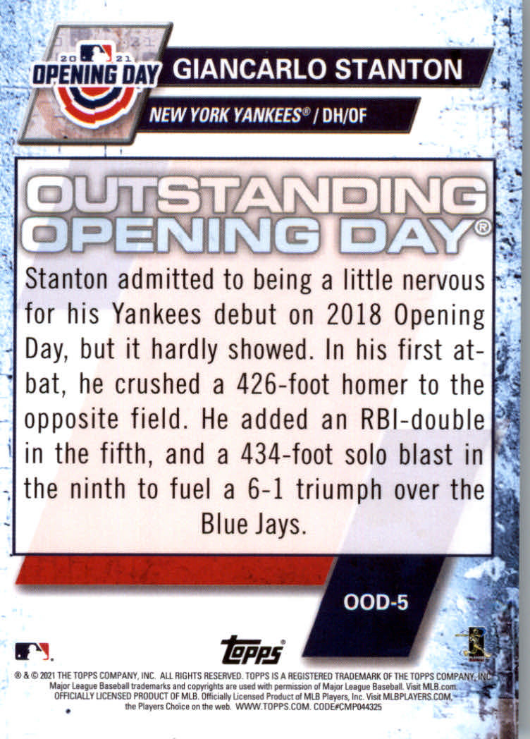 2021 Topps Opening Day Baseball "Outstanding Opening Days" Insert Cards - Picture 11 of 21