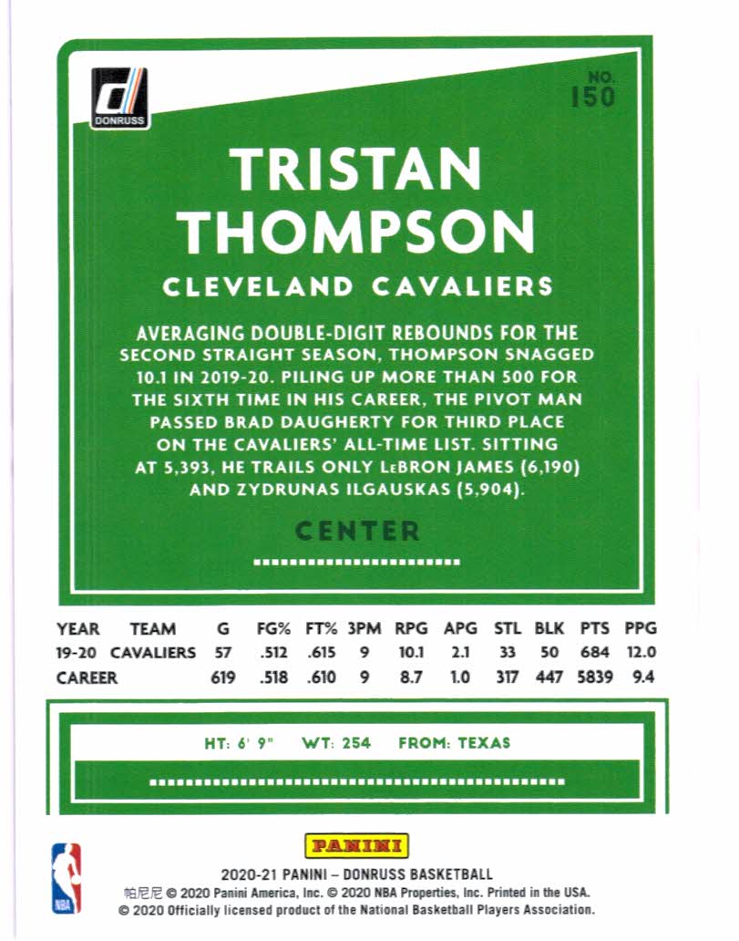 2020-21 Donruss #150 Tristan Thompson back image