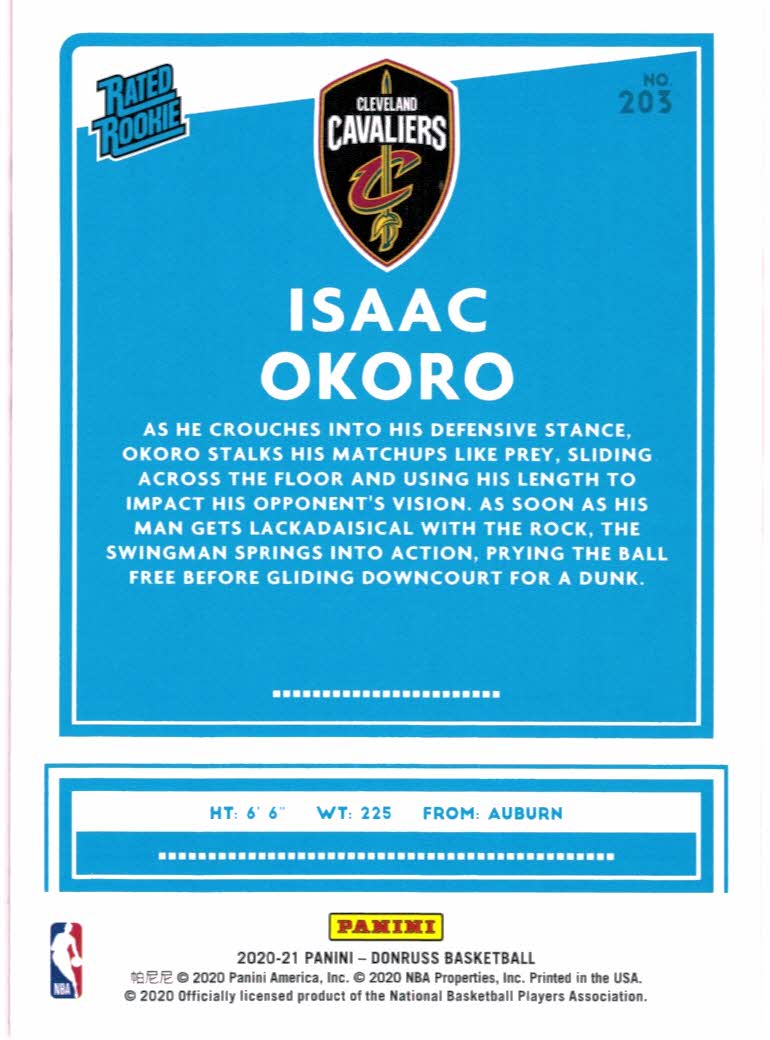 2020-21 Donruss #203 Isaac Okoro RR RC back image