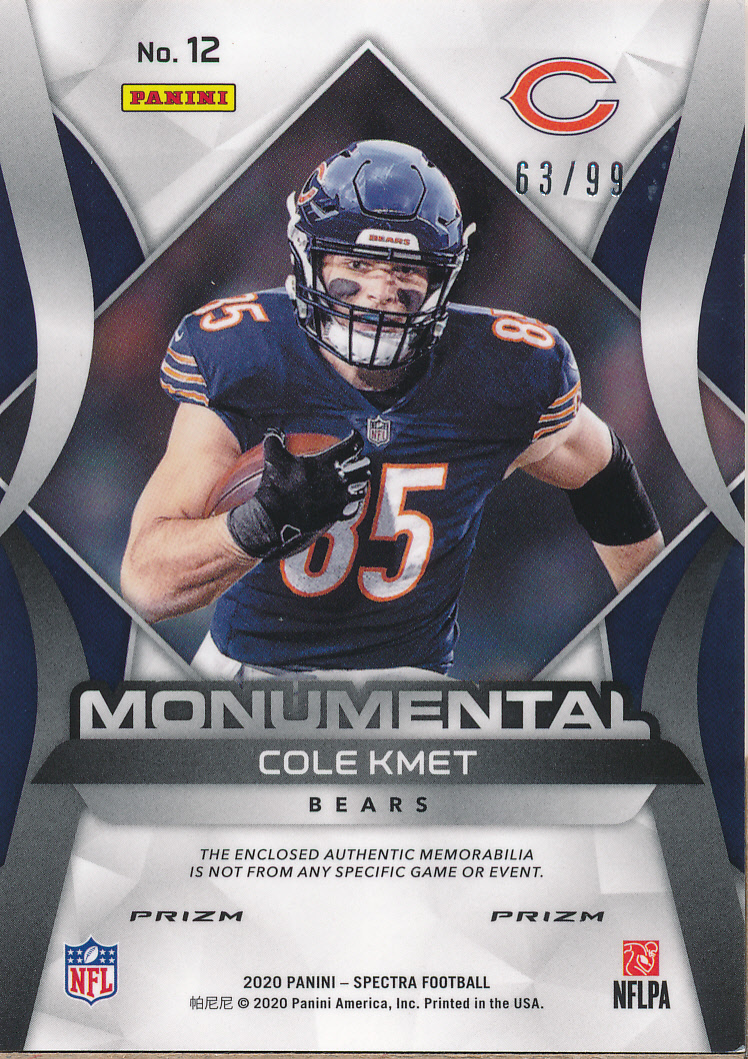 2020 Panini Spectra Monumental Memorabilia #12 Cole Kmet