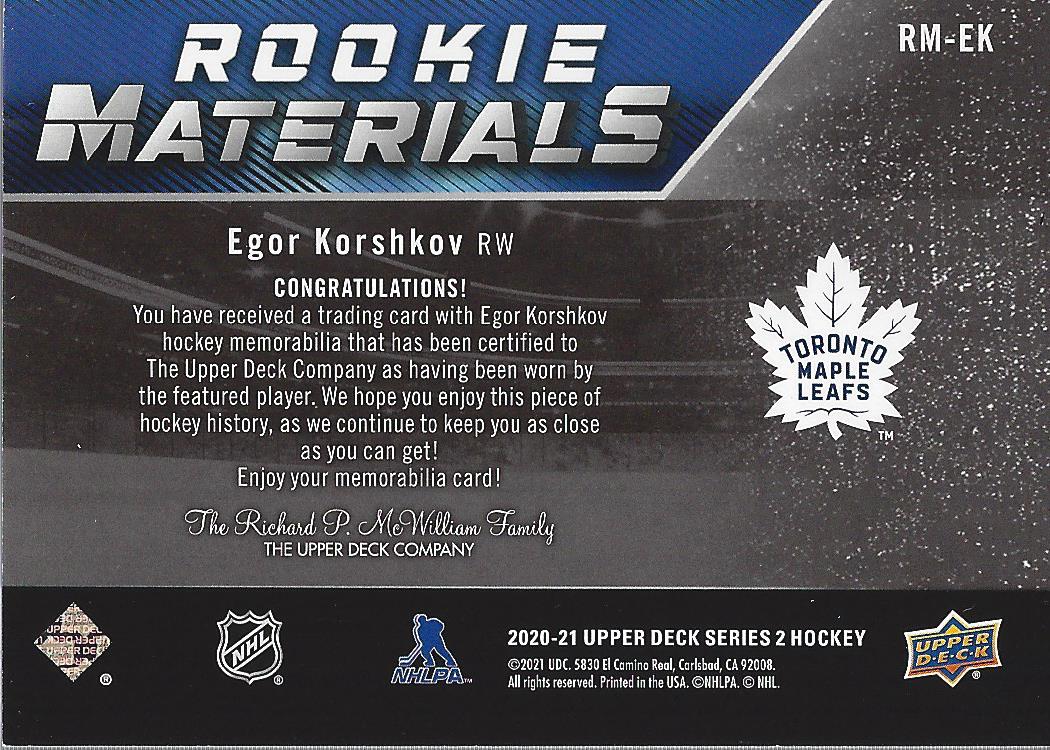 2020-21 Upper Deck Rookie Materials #RMEK Egor Korshkov B back image