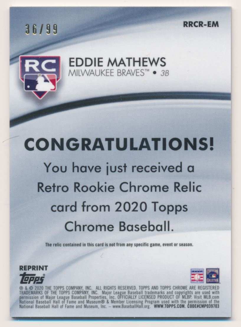 2020 Topps Chrome Retro Rookie Chrome Relics Green Refractors #RRCREM Eddie Mathews