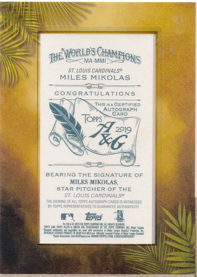 2019 Topps Allen and Ginter Framed Mini Autographs #MAMMI Miles Mikolas