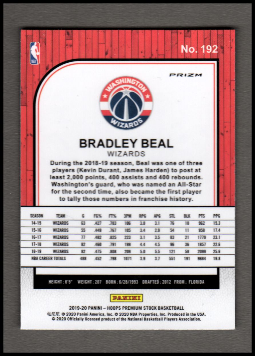 2019-20 Hoops Premium Stock Prizms Silver Laser #192 Bradley Beal back image