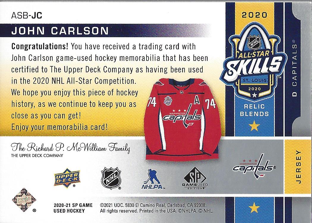 2020-21 SP Game Used '20 NHL All Star Skills Relic Blends #ASBJC John Carlson back image