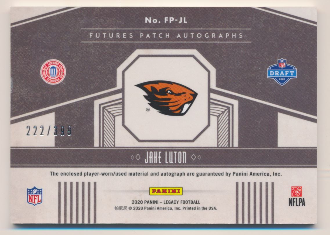 2020 Panini Legacy Futures Patch Autographs #27 Jake Luton/399