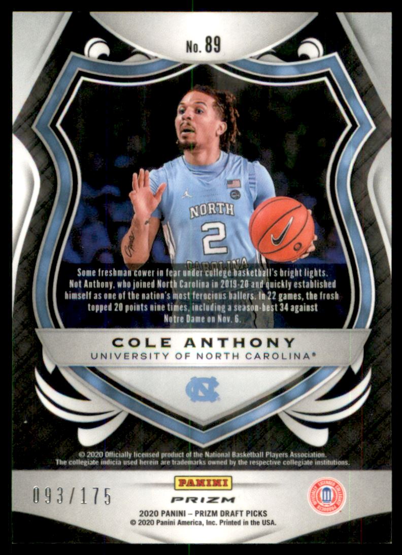 2020-21 Panini Prizm Draft Picks Prizms Fast Break Blue #89 Cole Anthony CR