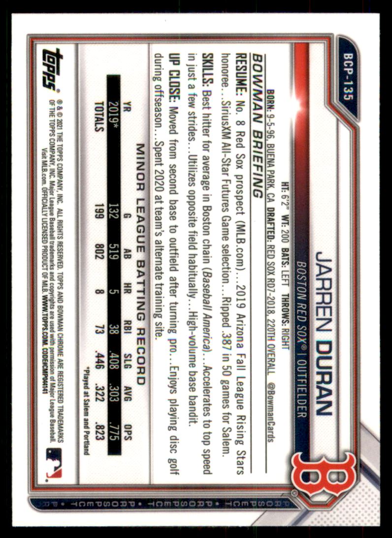 2021 Bowman Chrome Prospects Atomic Refractors #BCP135 Jarren Duran