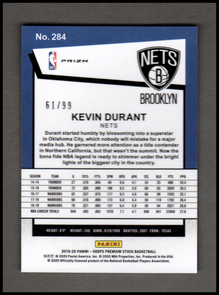 2019-20 Hoops Premium Stock Prizms Green Flash #284 Kevin Durant back image