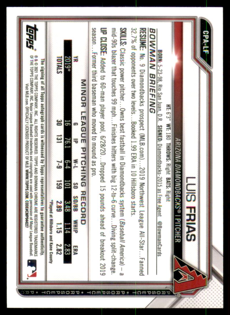 2021 Bowman Chrome Prospect Autographs #CPALF Luis Frias