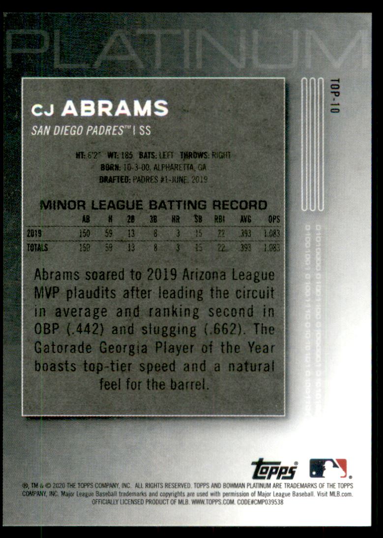 2020 Bowman Platinum Top Prospects Purple #TOP10 CJ Abrams