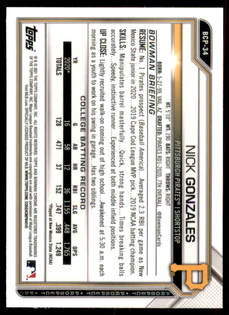 2021 Bowman Chrome Prospects #BCP34 Nick Gonzales