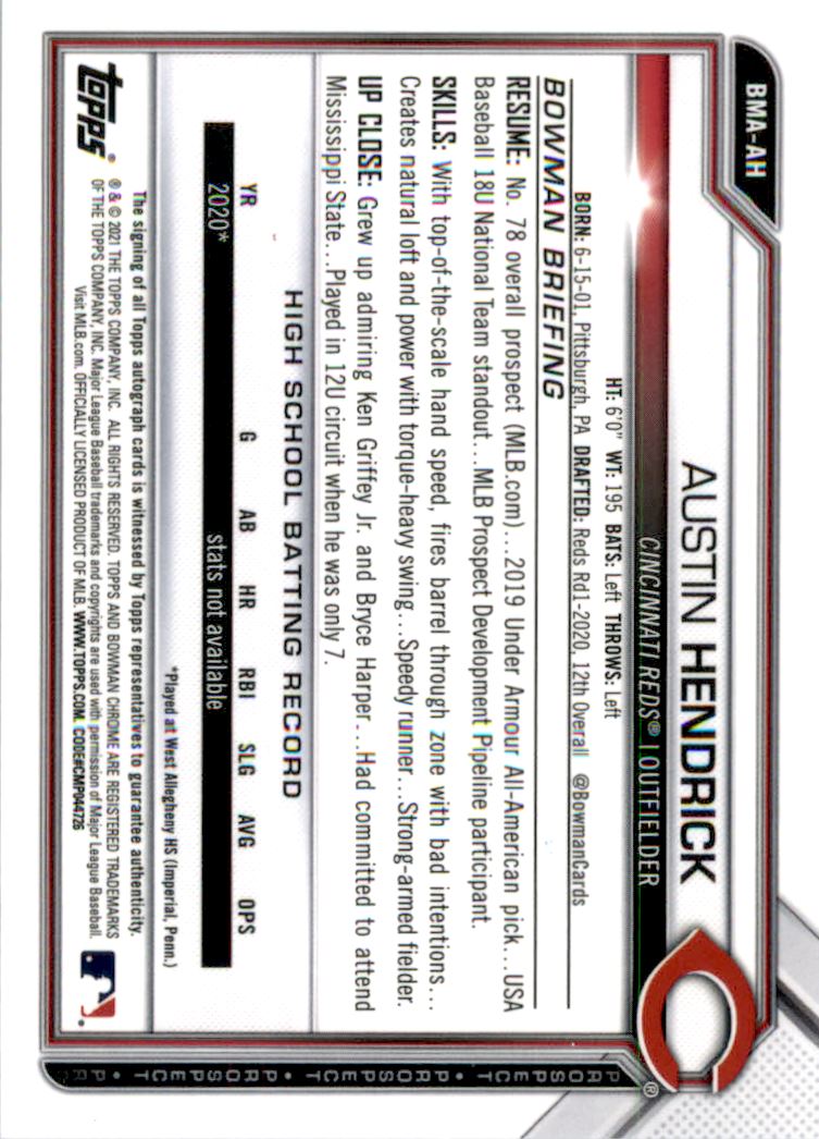 2021 Bowman Chrome Mega Box Prospect Autograph Refractors #BMAAH Austin Hendrick