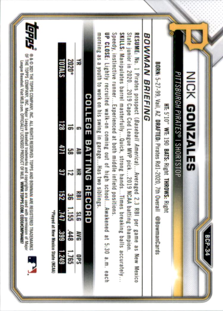 2021 Bowman Chrome Mega Box Prospects Refractors #BCP34 Nick Gonzales