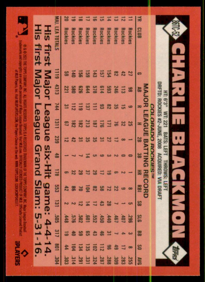 2021 Topps '86 Topps Silver Pack Chrome Series 2 #86TC52 Charlie Blackmon