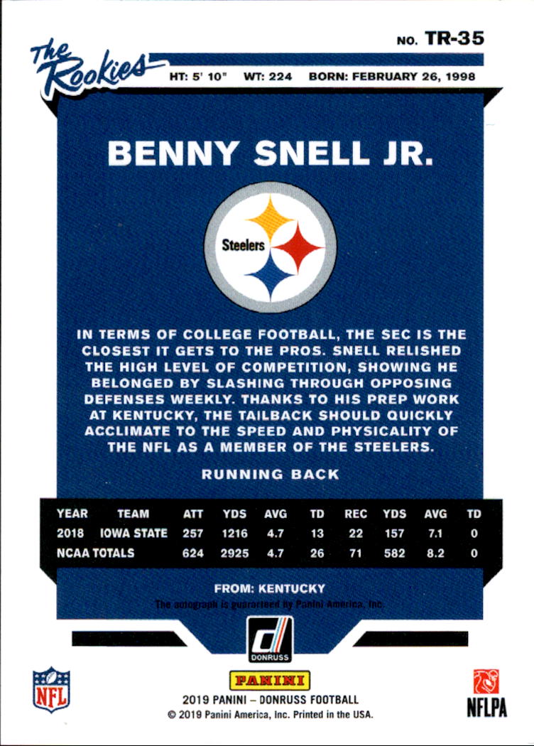 2019 Donruss The Rookies Autographs #35 Benny Snell Jr./299 back image