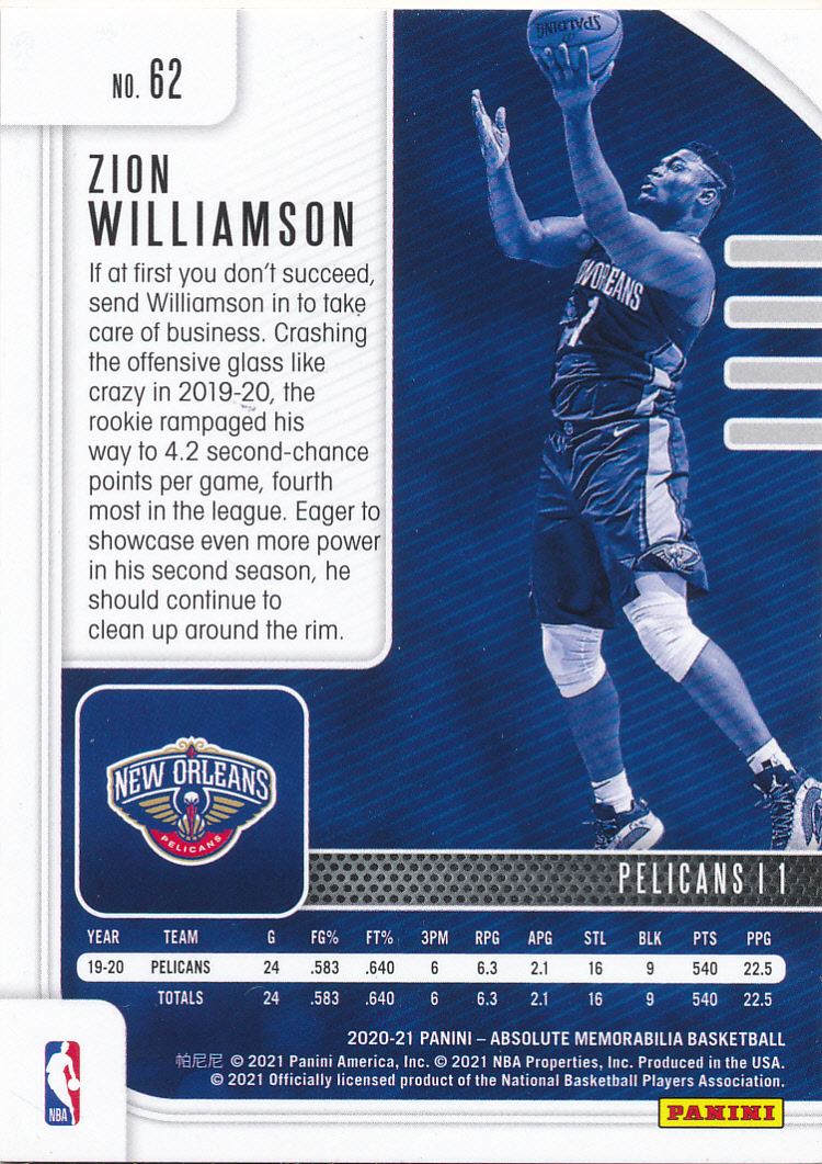 2020-21 Absolute Memorabilia Blue #62 Zion Williamson back image