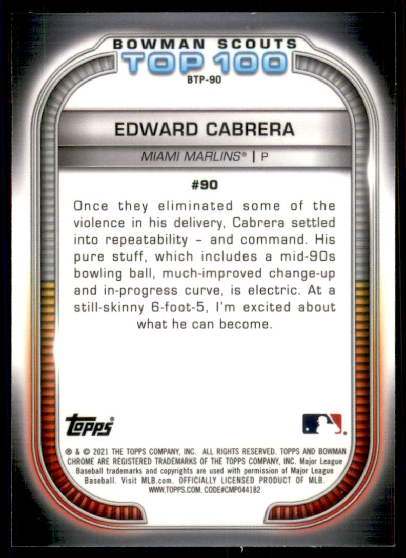 2021 Bowman Chrome Scouts Top 100 Refractors #BTP90 Edward Cabrera