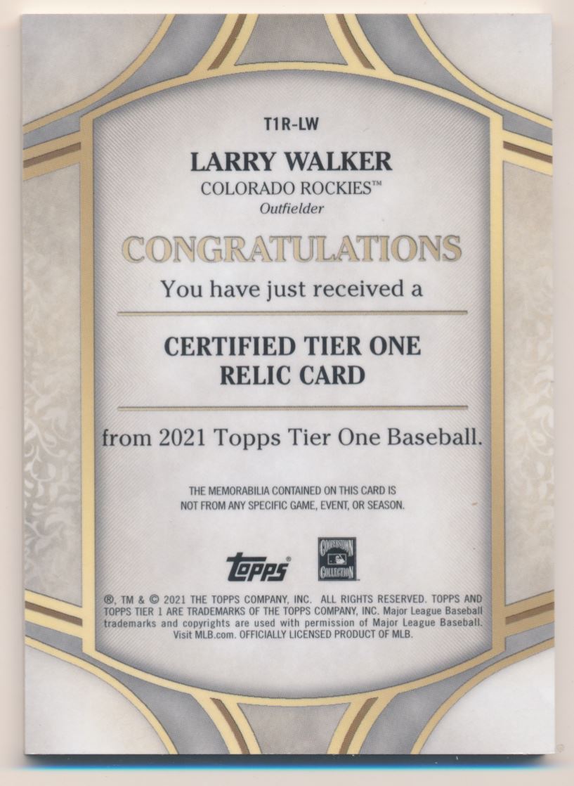 2021 Topps Tier One Relics #T1RLW Larry Walker/399 back image